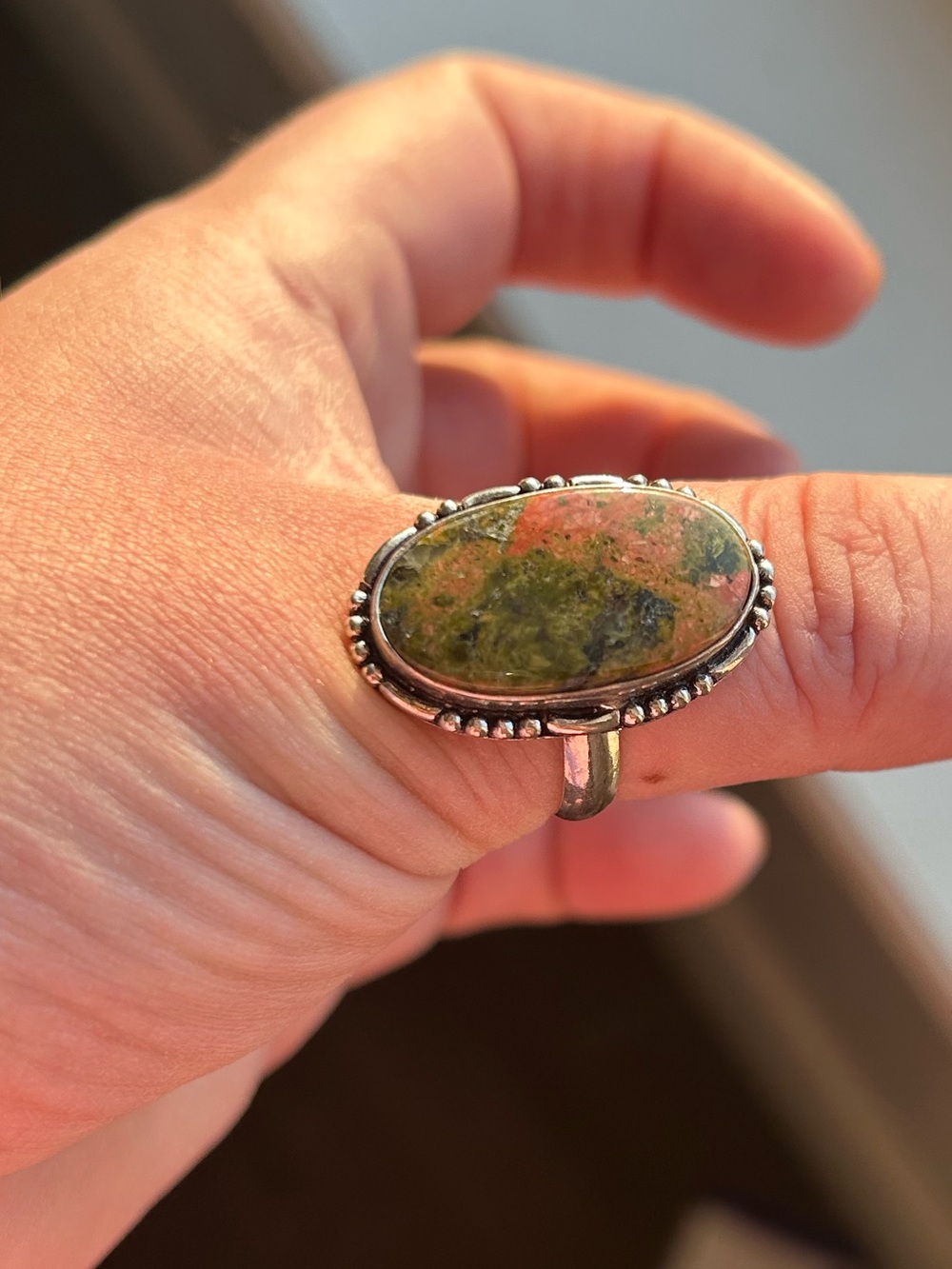 Sterling Silver Oval Unakite Ring